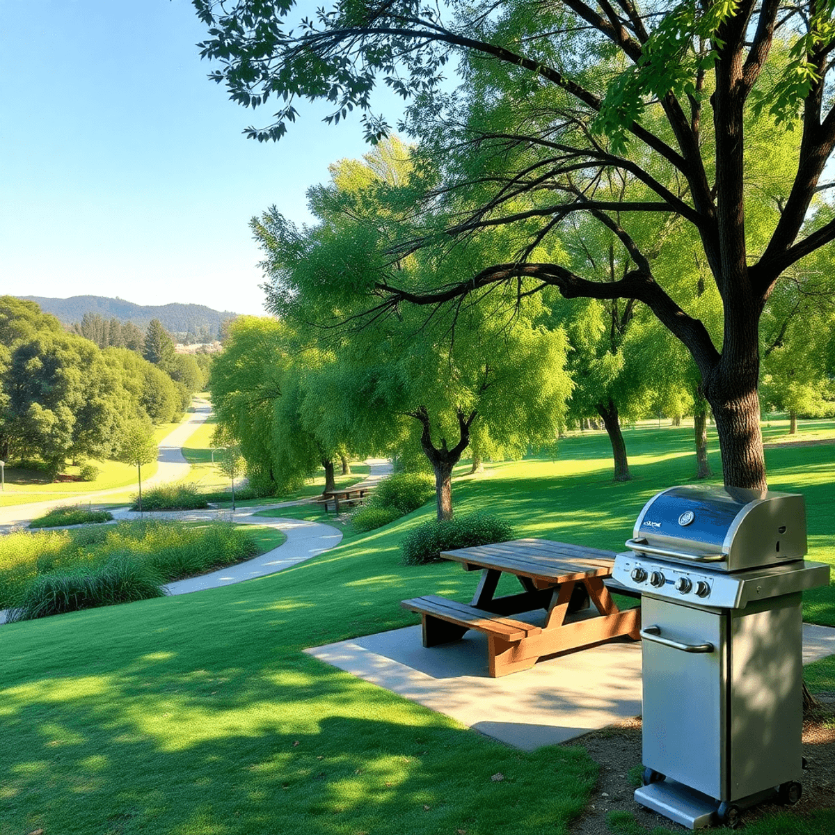 A scenic view of Riverdale Park featuring walking trails, lush greenery, a cozy picnic table under shade trees, and a modern BBQ grill, perfect for...