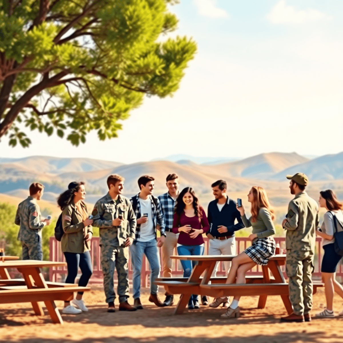 A lively outdoor scene with young adults in military uniforms and casual attire socializing at picnic tables, surrounded by trees and rolling hills...