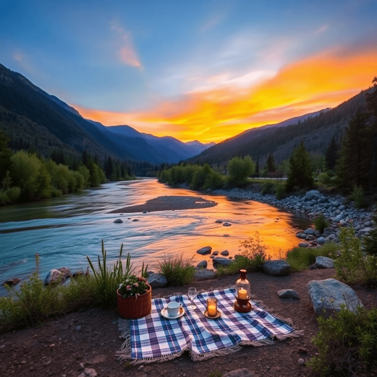 A picturesque sunset over the Trinity River, with vibrant colors in the sky, lush greenery, and a cozy picnic setup by the riverbank, surrounded by...