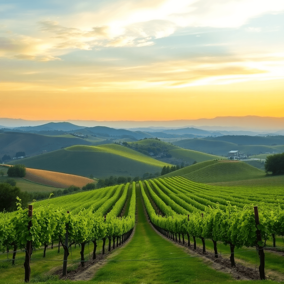 A scenic view of rolling hills and vineyards at sunset, with warm light illuminating the landscape, evoking romance and a sense of community in Sha...