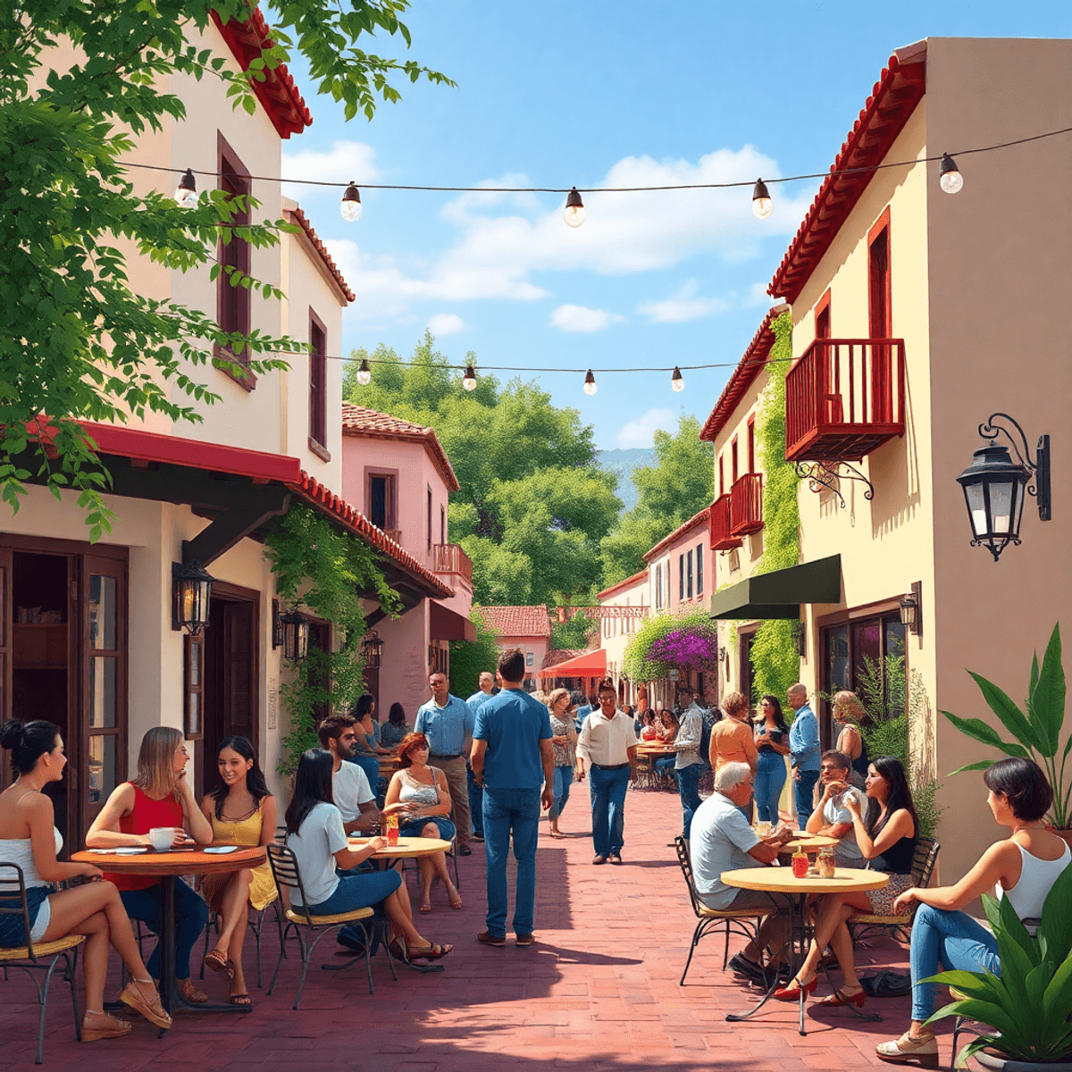 A lively small-town street in El Macero, California, showcasing outdoor gatherings, a cozy café, and people enjoying the sun amidst greenery, refle...