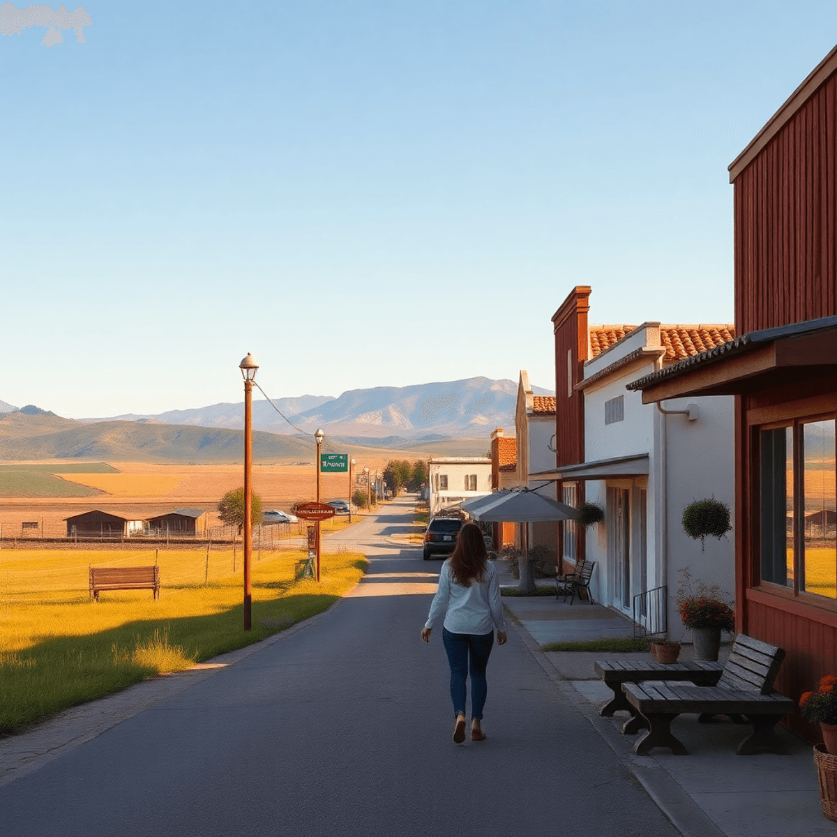A picturesque small-town street in Chualar, California, featuring lush fields and rustic buildings, with a couple walking hand-in-hand, embodying r...