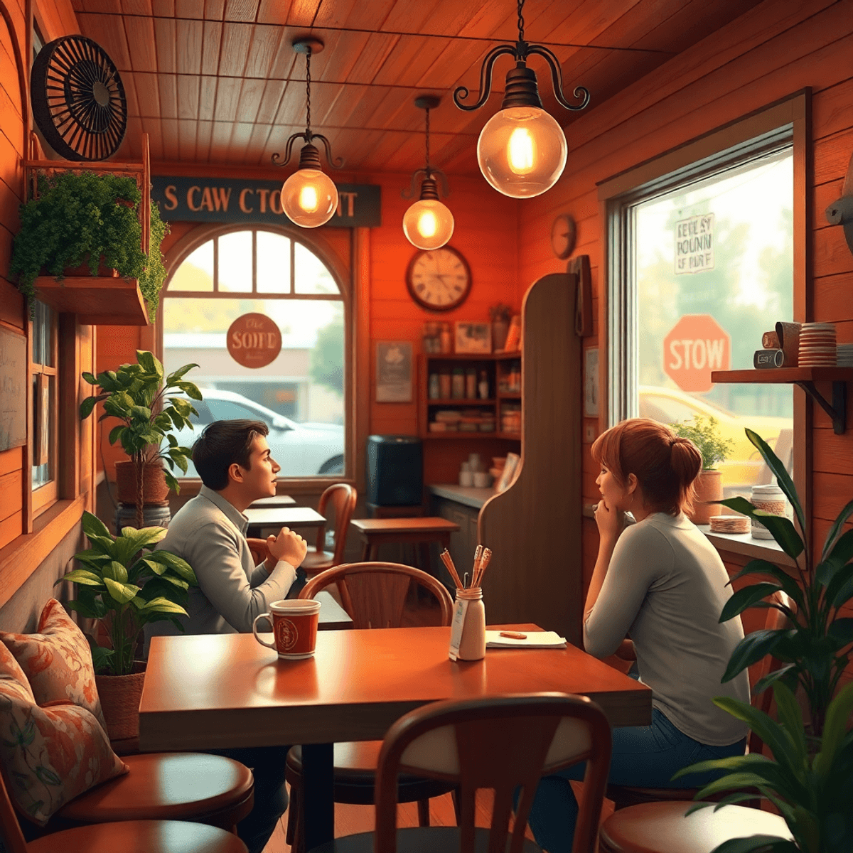 A cozy coffee shop with warm lighting and inviting decor, featuring local cultural elements. The scene evokes connection and romance, perfect for i...