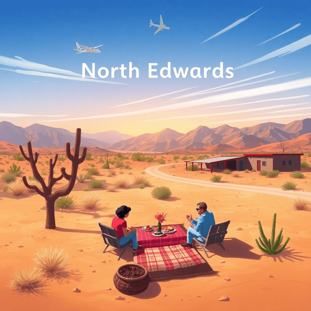 A vibrant desert landscape in North Edwards, California, featuring a cozy outdoor gathering spot and a scenic picnic setup, with an airplane silhou...