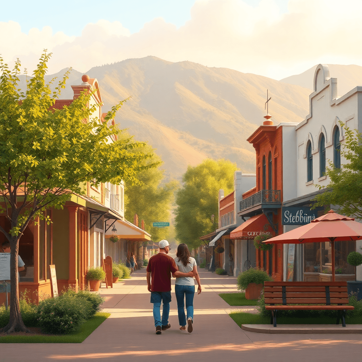 A cozy small-town scene in Stebbins, California, with a café and community space. A couple walks hand-in-hand, surrounded by greenery and warm sunl...