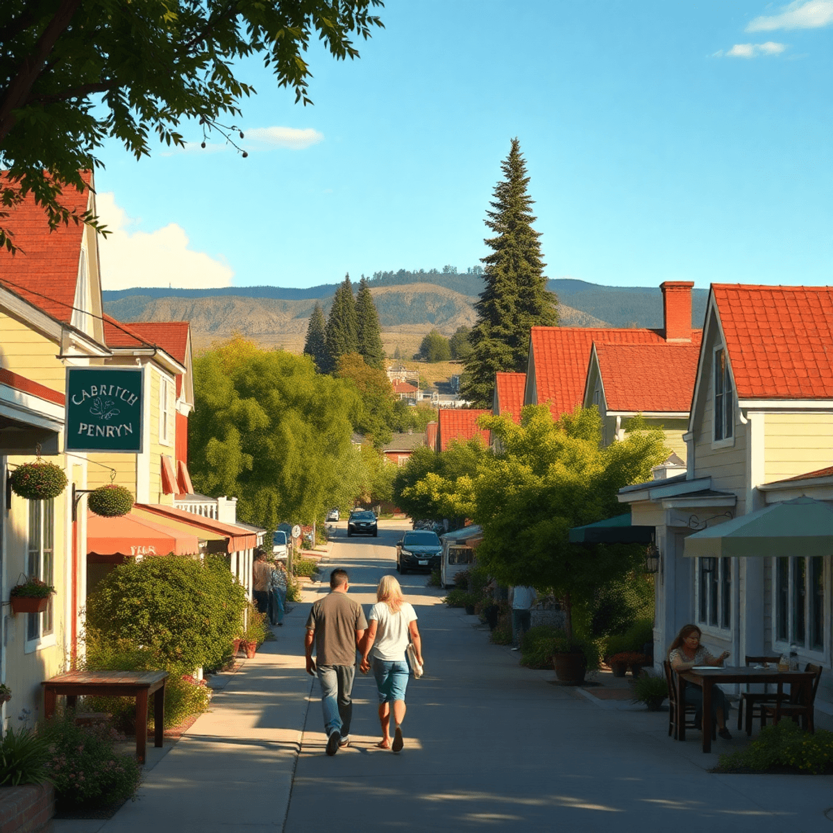 A quaint small-town street in Penryn, California, featuring charming houses, lush greenery, and glimpses of community life with people walking and ...