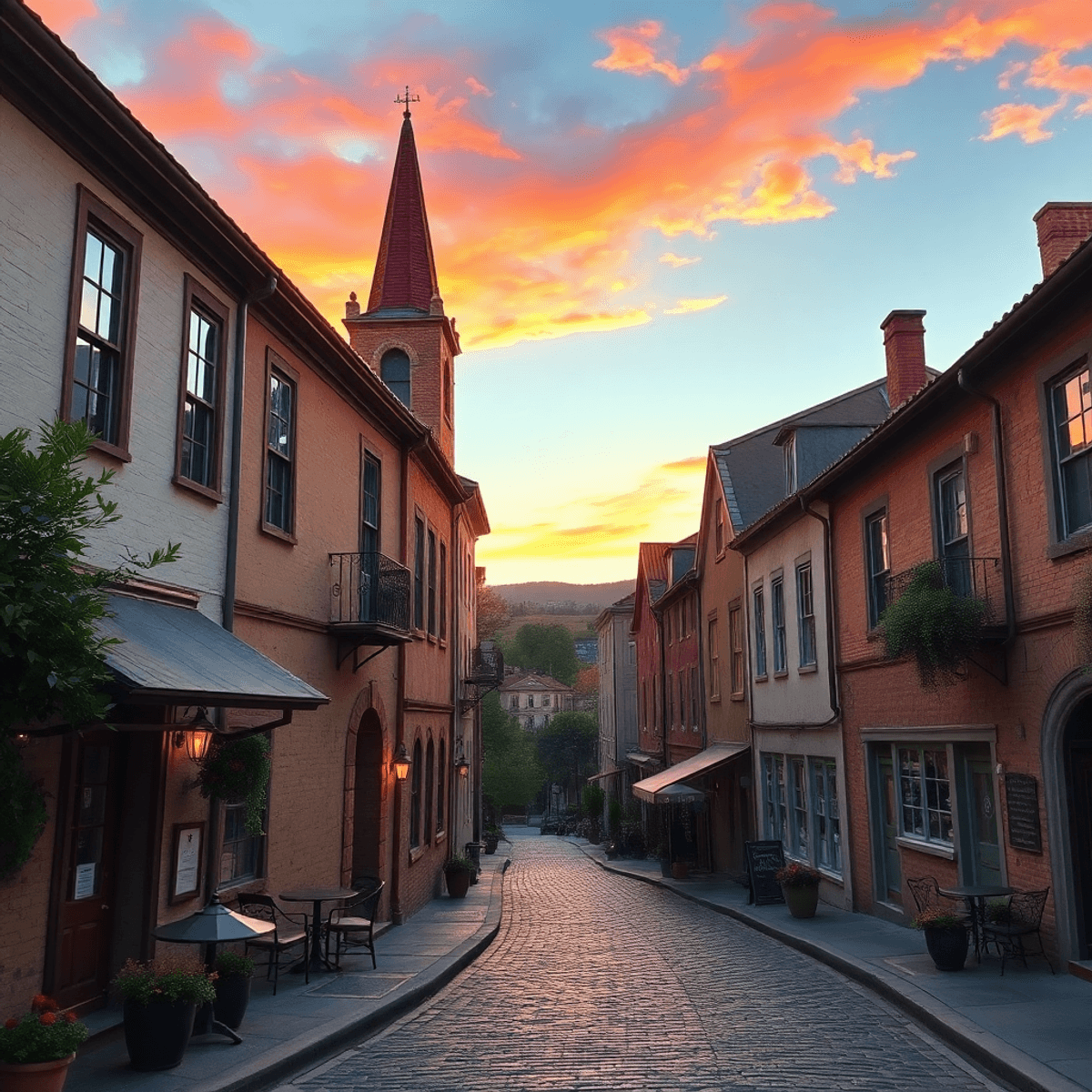 A picturesque sunset view of Mokelumne Hill, highlighting historic buildings and charming cobblestone streets, creating a romantic and inviting atm...