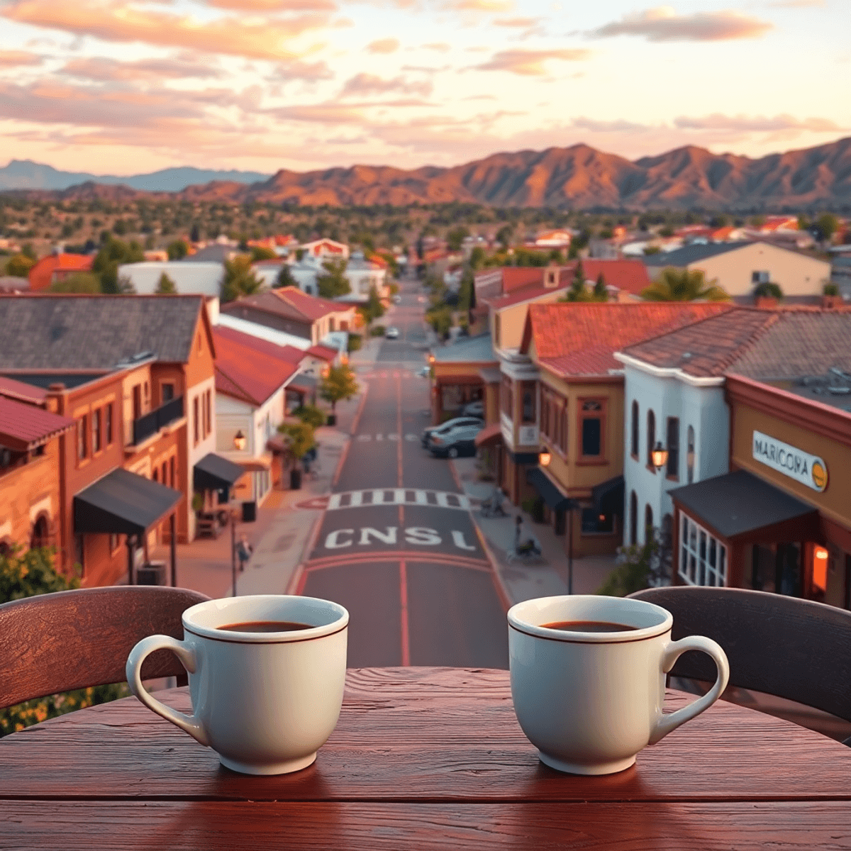 A quaint small town in Maricopa, California, showcasing charming streets and cozy homes, with two coffee cups on a table and a heart shape formed b...