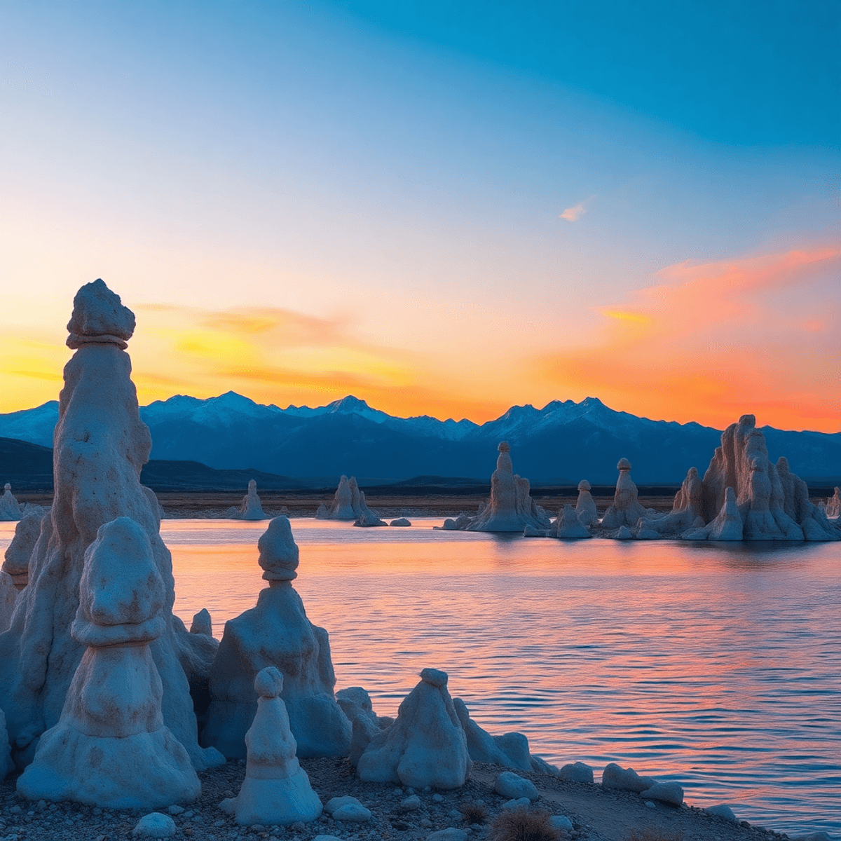 A stunning sunset over Mono Lake, highlighting tufa towers in the foreground and the Sierra Nevada mountains, with warm orange and pink hues reflec...