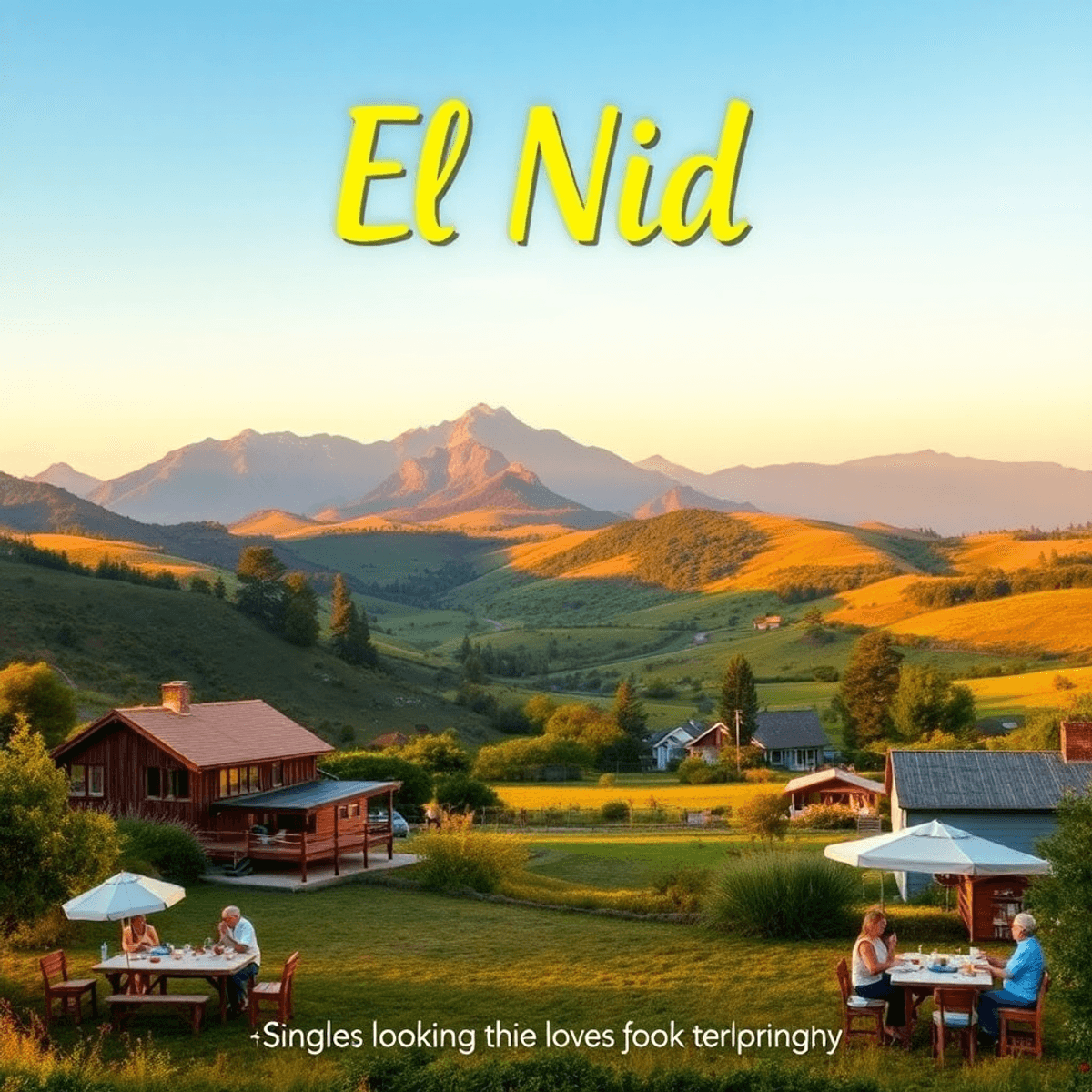 A picturesque rural landscape in El Nido, California, featuring rolling hills and a lively community gathering with people enjoying a picnic and ce...
