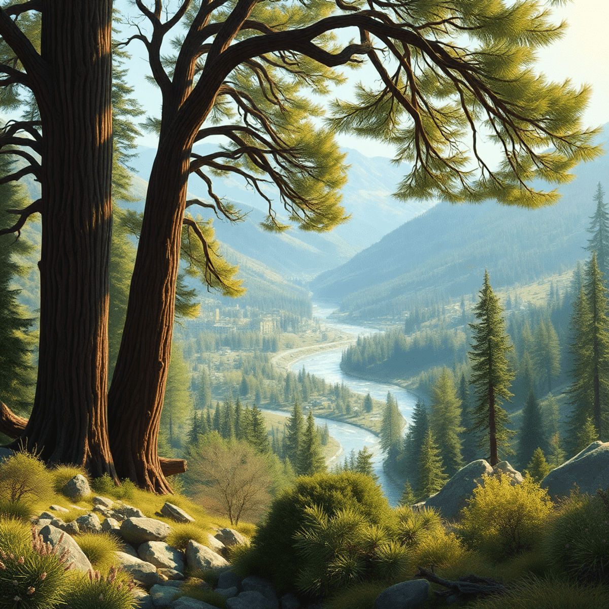 A serene landscape of towering redwood trees, winding valleys, and a clear river, with soft sunlight filtering through, evoking tranquility and nat...