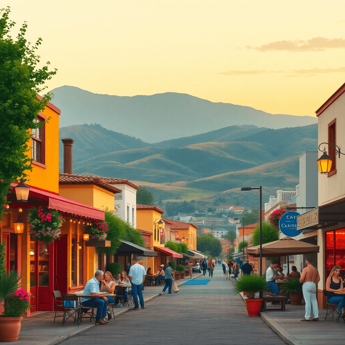 A charming small-town street in La Vina, California, with cozy cafes, couples enjoying outdoor activities, colorful festivals, and scenic hills in ...