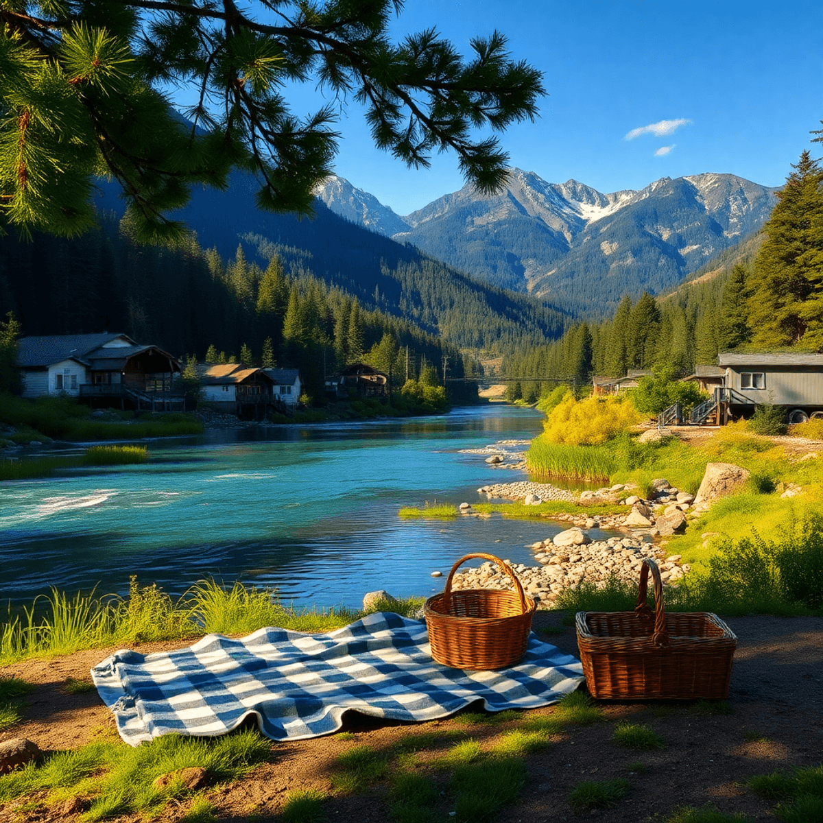 A scenic view of the Klamath River in Happy Camp, California, surrounded by lush greenery and mountains, featuring a cozy picnic setup by the water...