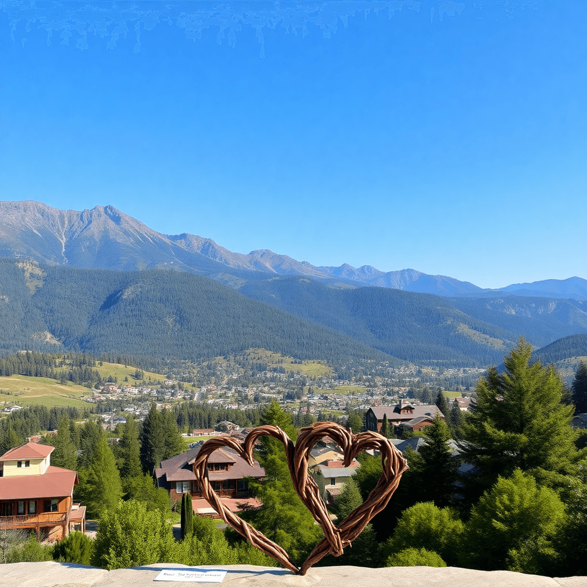 A scenic view of Sierra Brooks, California, showcasing mountains, lush greenery, and clear blue skies, with natural elements forming hearts and rin...