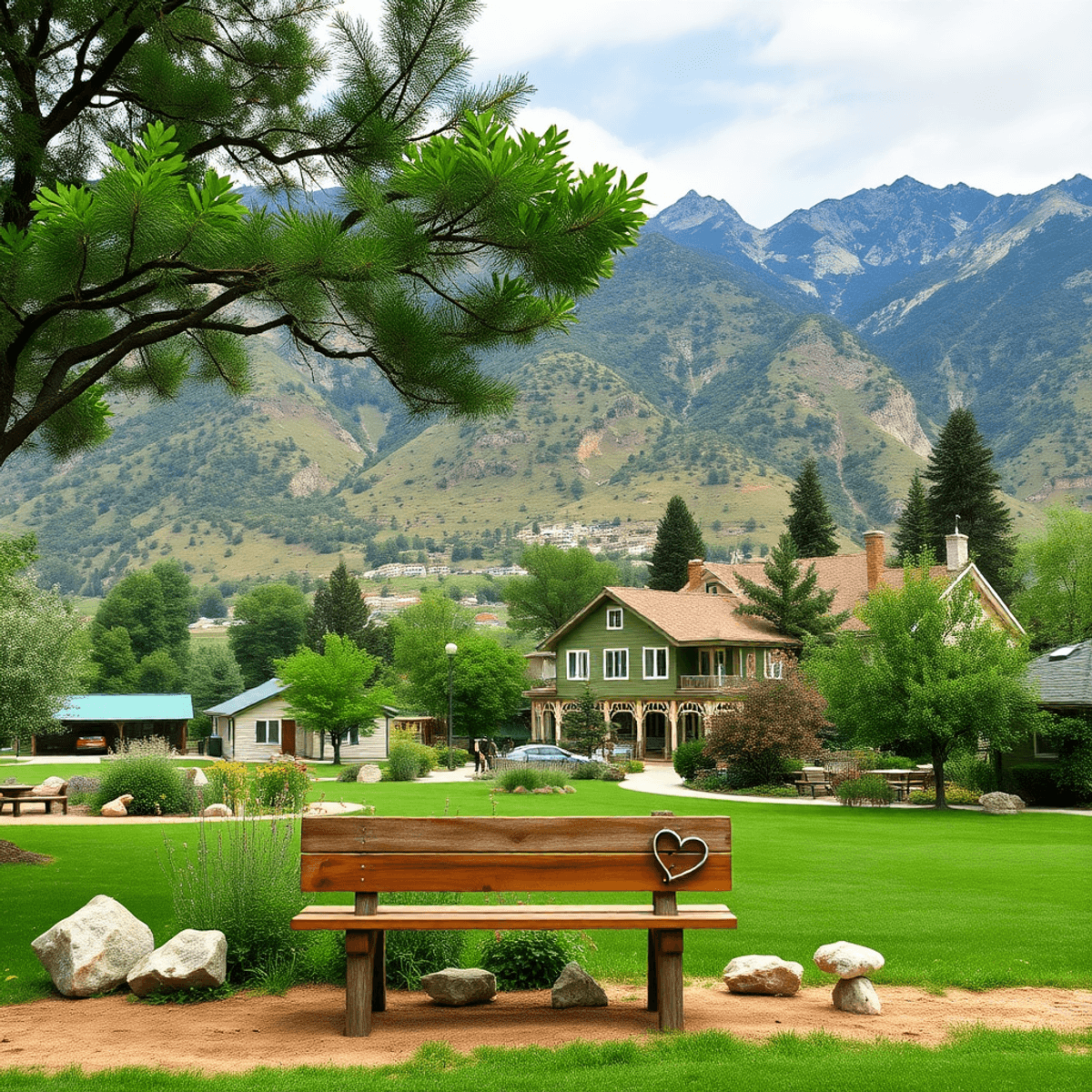 A scenic view of Onyx, California, featuring lush mountains and greenery, with heart-shaped rocks and a rustic bench in a park, evoking warmth and ...