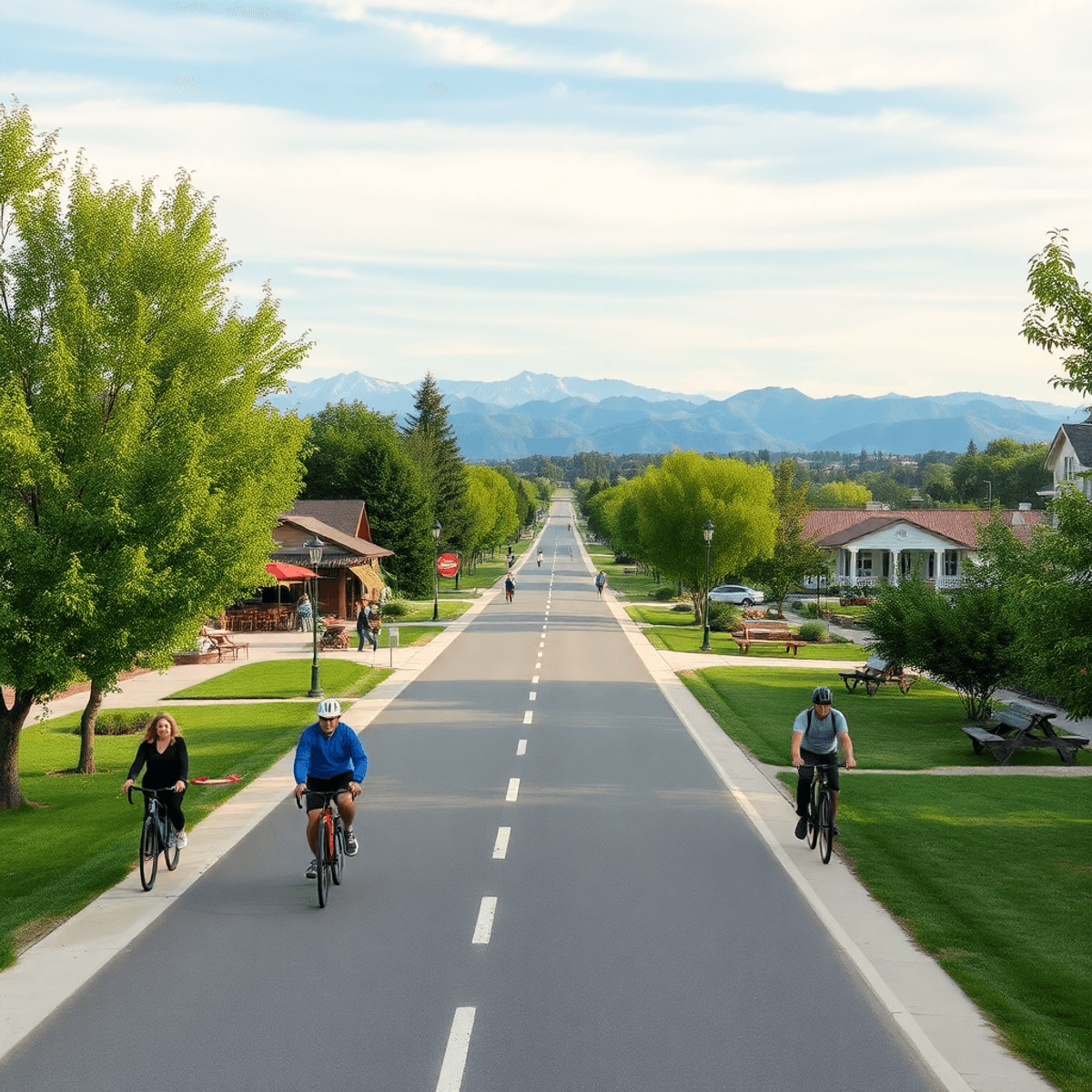 A scenic view of the Iron Horse Regional Trail with a wide paved path, lush greenery, distant mountains, cyclists, joggers, and charming parks and ...