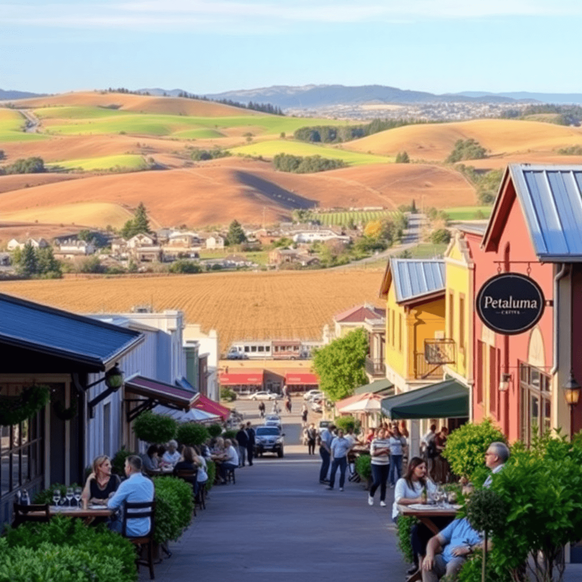 A picturesque view of Petaluma Center with rolling farmlands, Victorian buildings, outdoor dining, and people enjoying wine tasting in a vineyard, ...