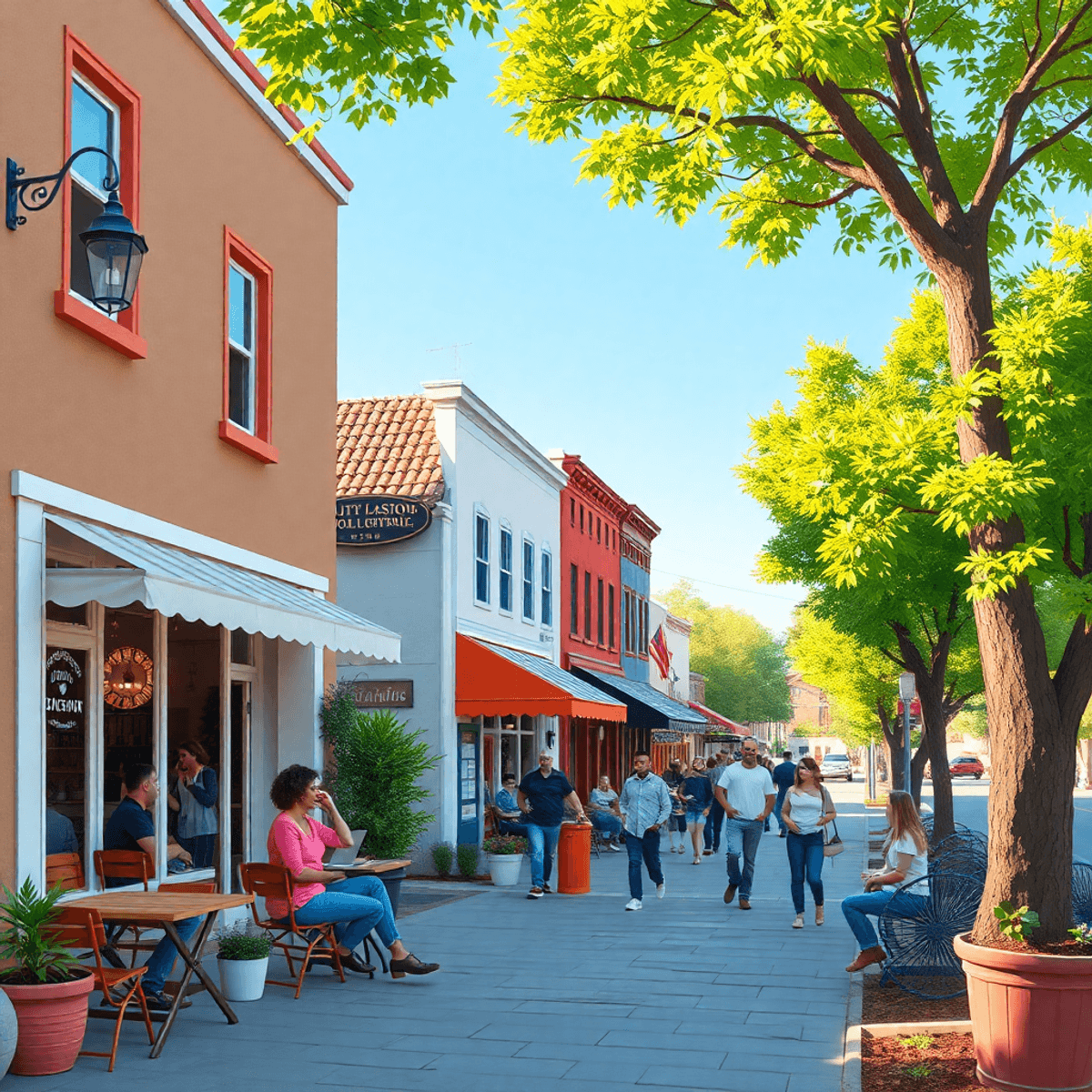 A lively small-town street in Wilkerson, California, showcasing a trendy coffee shop with outdoor seating, people enjoying live music, and a nearby...