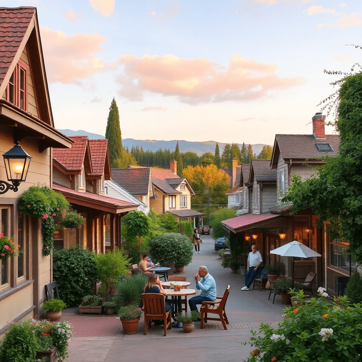 A charming small-town street in Millville, California, with quaint houses, lush greenery, and a cozy café terrace, bathed in soft, warm light.