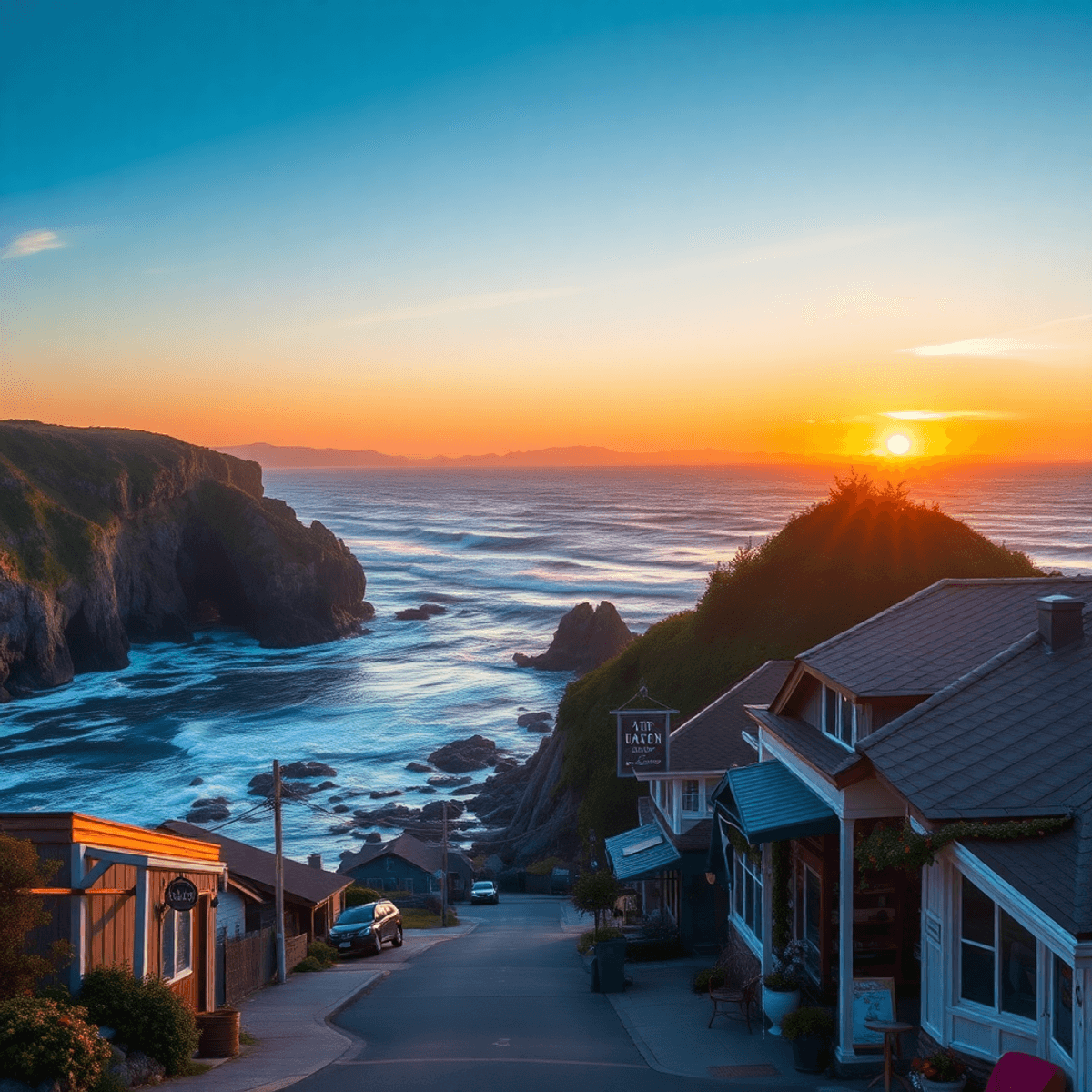 A stunning sunset over the ocean illuminates dramatic cliffs in Point Arena, California, with a charming small-town street lined with quaint shops ...