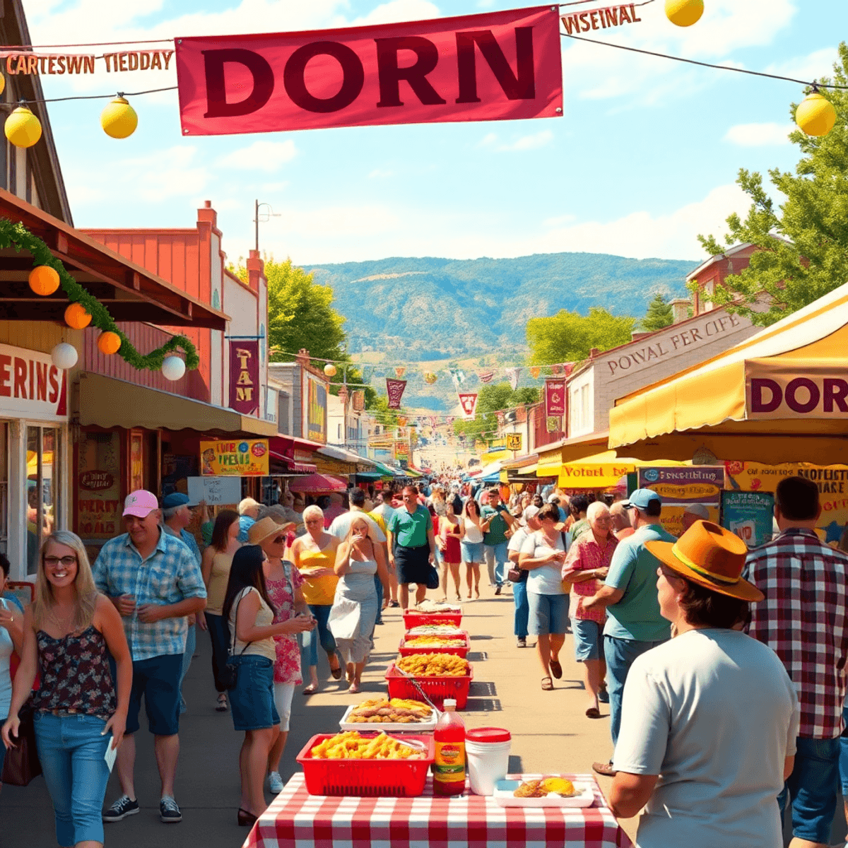 A lively small-town festival scene with people enjoying live music and food from local vendors, colorful decorations, and a warm community atmosphe...