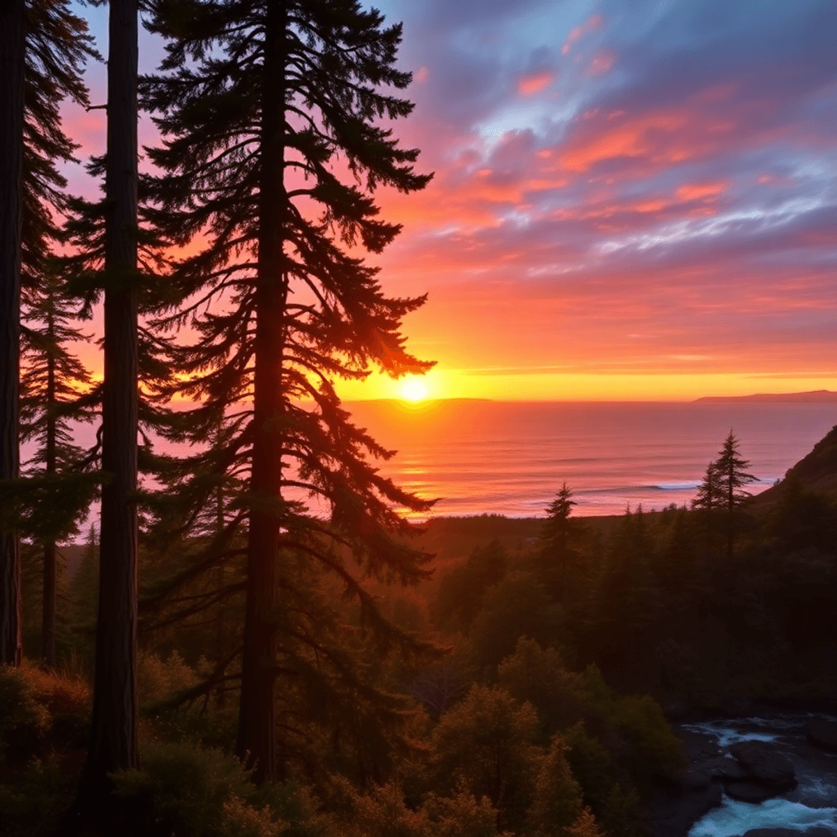A romantic sunset over the Pacific coastline, with redwood trees in the foreground and a serene river flowing nearby, evoking connection and beauty.