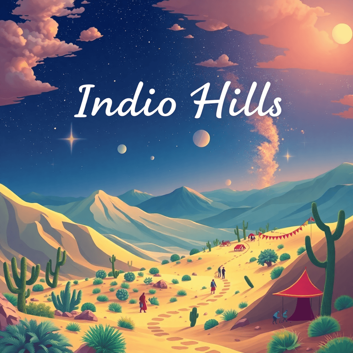 A vibrant desert landscape of Indio Hills, California, featuring hiking trails, stargazing scenes, and colorful banners symbolizing community and c...