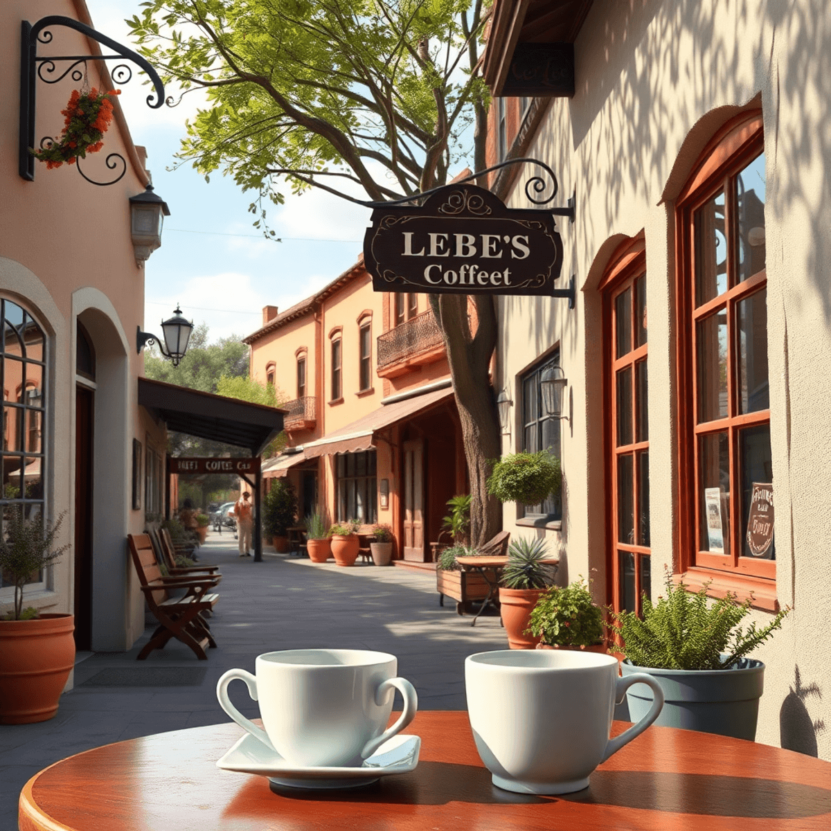 A picturesque small-town street in Lebec, California, showcasing a cozy coffee shop, historic details, and two coffee cups on a table, creating a w...