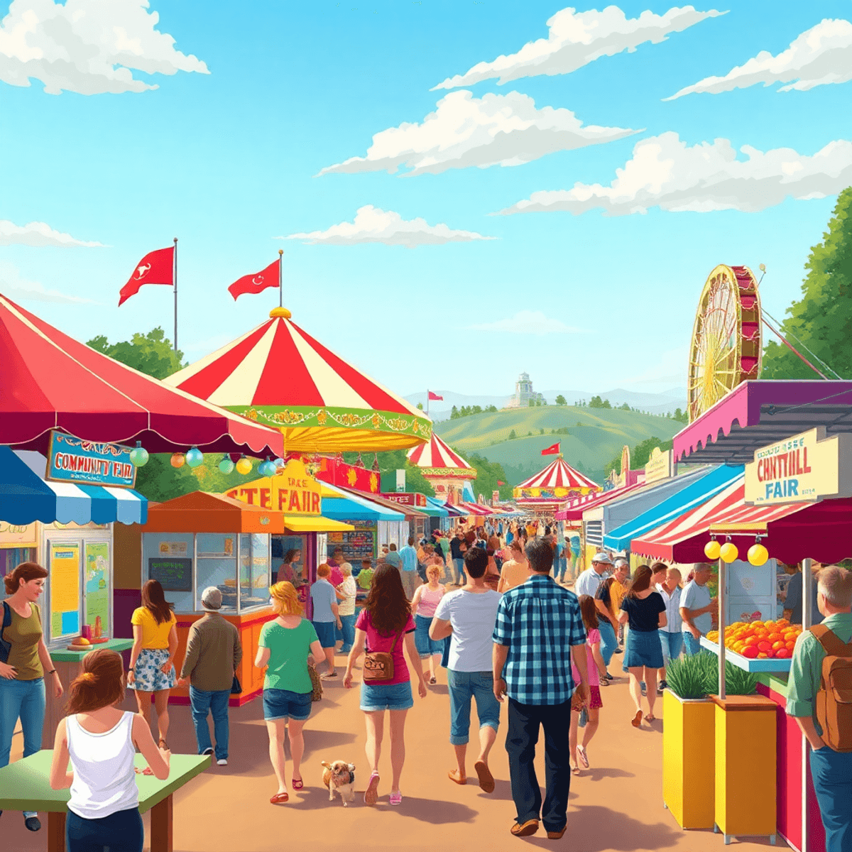 A lively community fair in Tulelake, California, showcasing colorful carnival rides, food stalls, and people joyfully interacting in a charming sma...