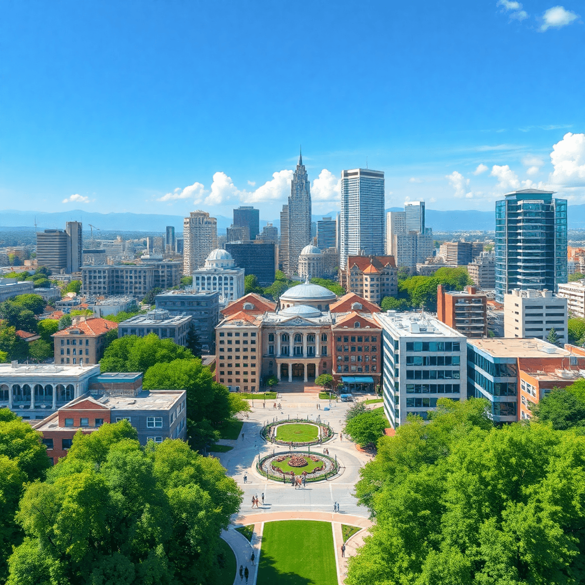 A vibrant cityscape of Palo Alto with modern buildings and green spaces, featuring subtle heart shapes and tech gadget silhouettes, conveying innov...