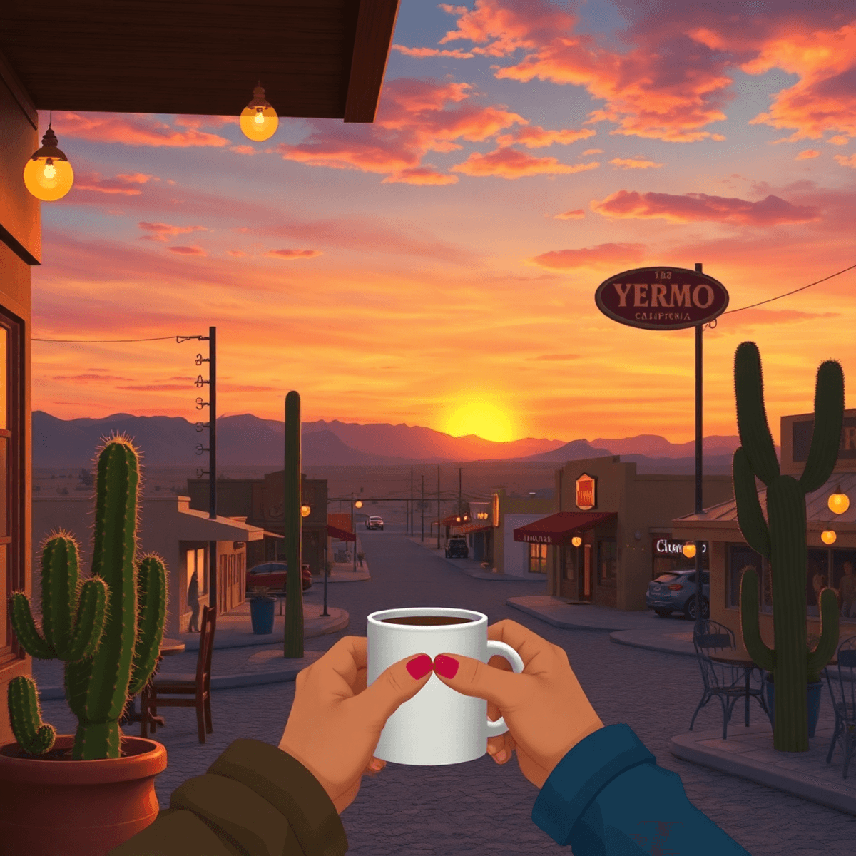 A serene sunset over Yermo, California, with heart-shaped cacti and hands holding a coffee cup at a diner, capturing warmth and community connectio...