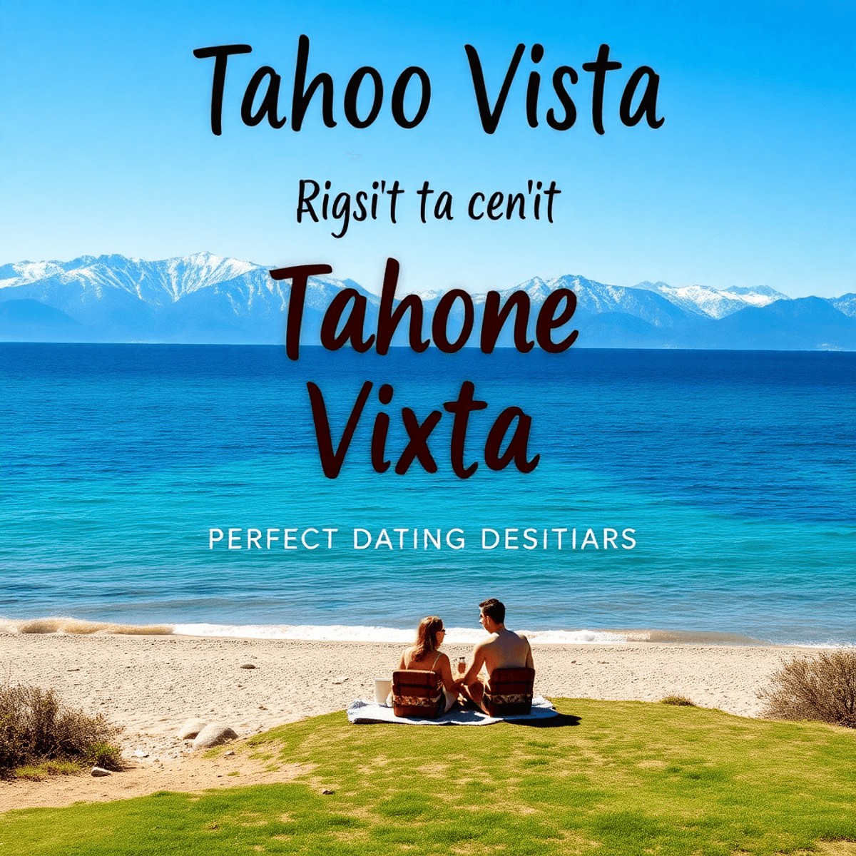 A picturesque view of Lake Tahoe with clear blue waters, snow-capped mountains, and a couple enjoying a romantic picnic on the beach.
