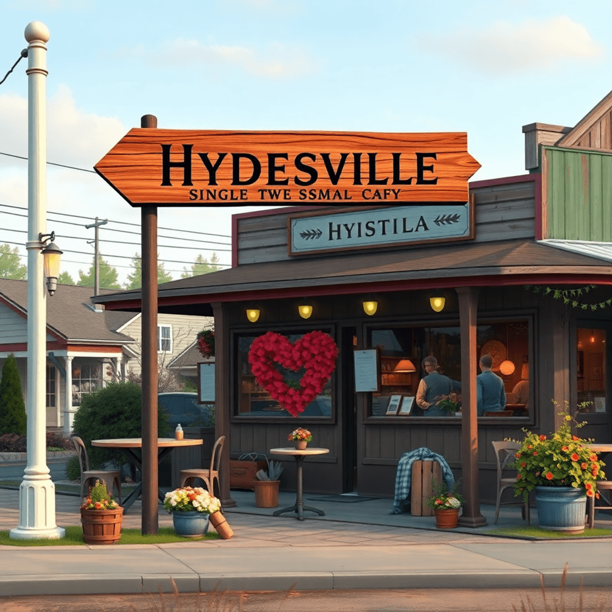 A cozy café in Hydesville, California, surrounded by local flowers arranged in a heart shape, with a rustic sign pointing to nearby cities, evoking...