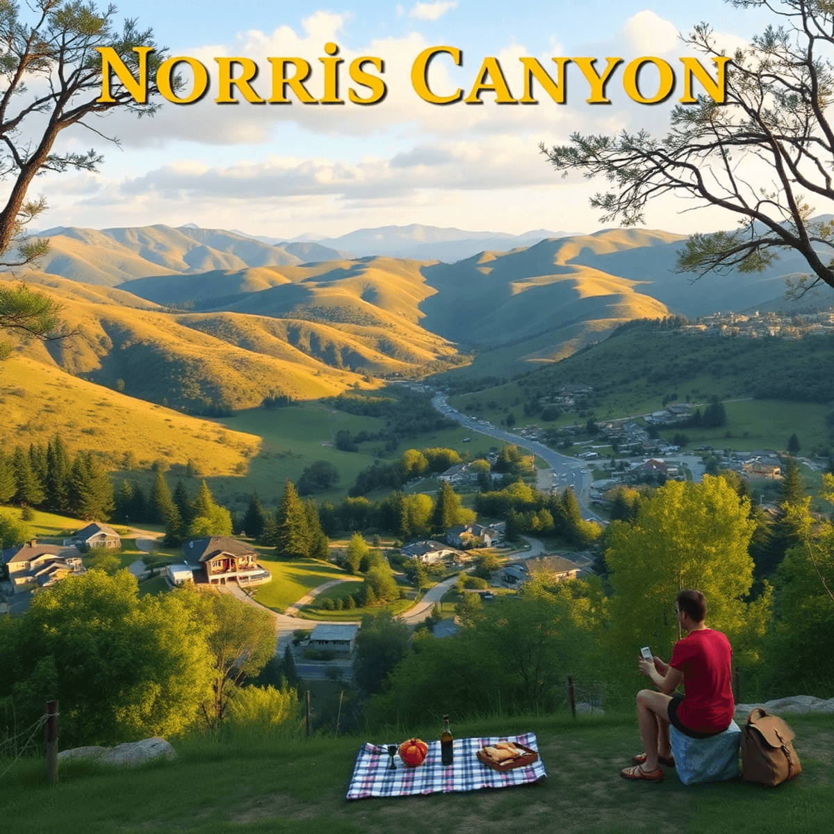 A scenic view of Norris Canyon with rolling hills and lush greenery, featuring a picnic setup and a couple hiking, evoking tranquility and communit...