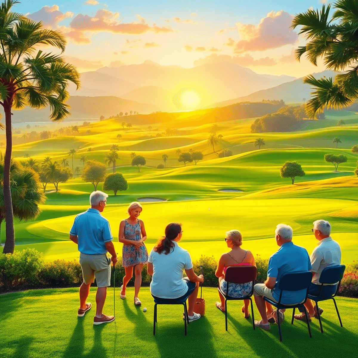 A picturesque golf resort scene featuring a lush green course, rolling hills, people chatting with golf clubs in hand, and a warm sunset creating a...