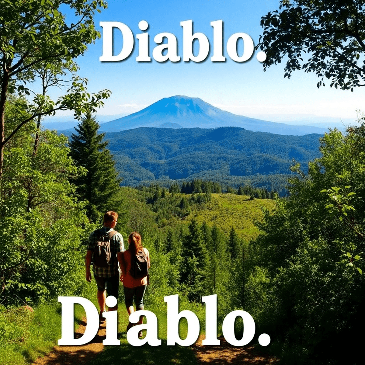 A scenic view of Mount Diablo with lush greenery, featuring a couple hiking together, embodying outdoor adventure and community warmth in a charmin...