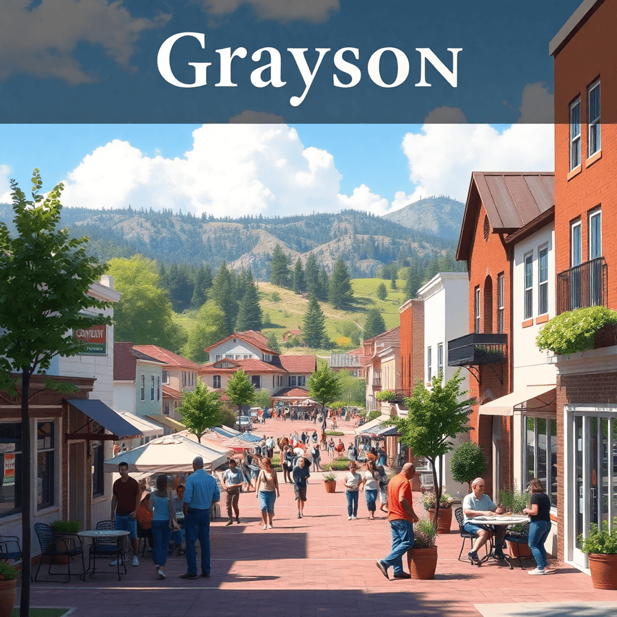A picturesque town square in Grayson, California, bustling with outdoor cafés and people chatting, surrounded by nature trails, creating a warm and...