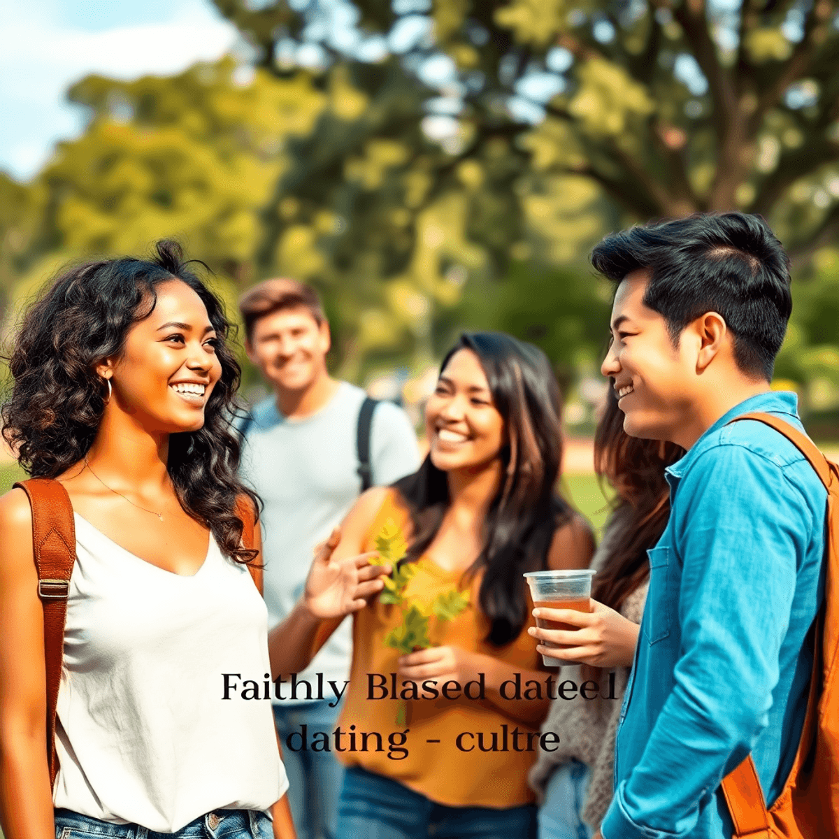 A diverse group of young adults enjoying a friendly outdoor gathering in a park, smiling and interacting amidst trees and a clear sky, symbolizing ...