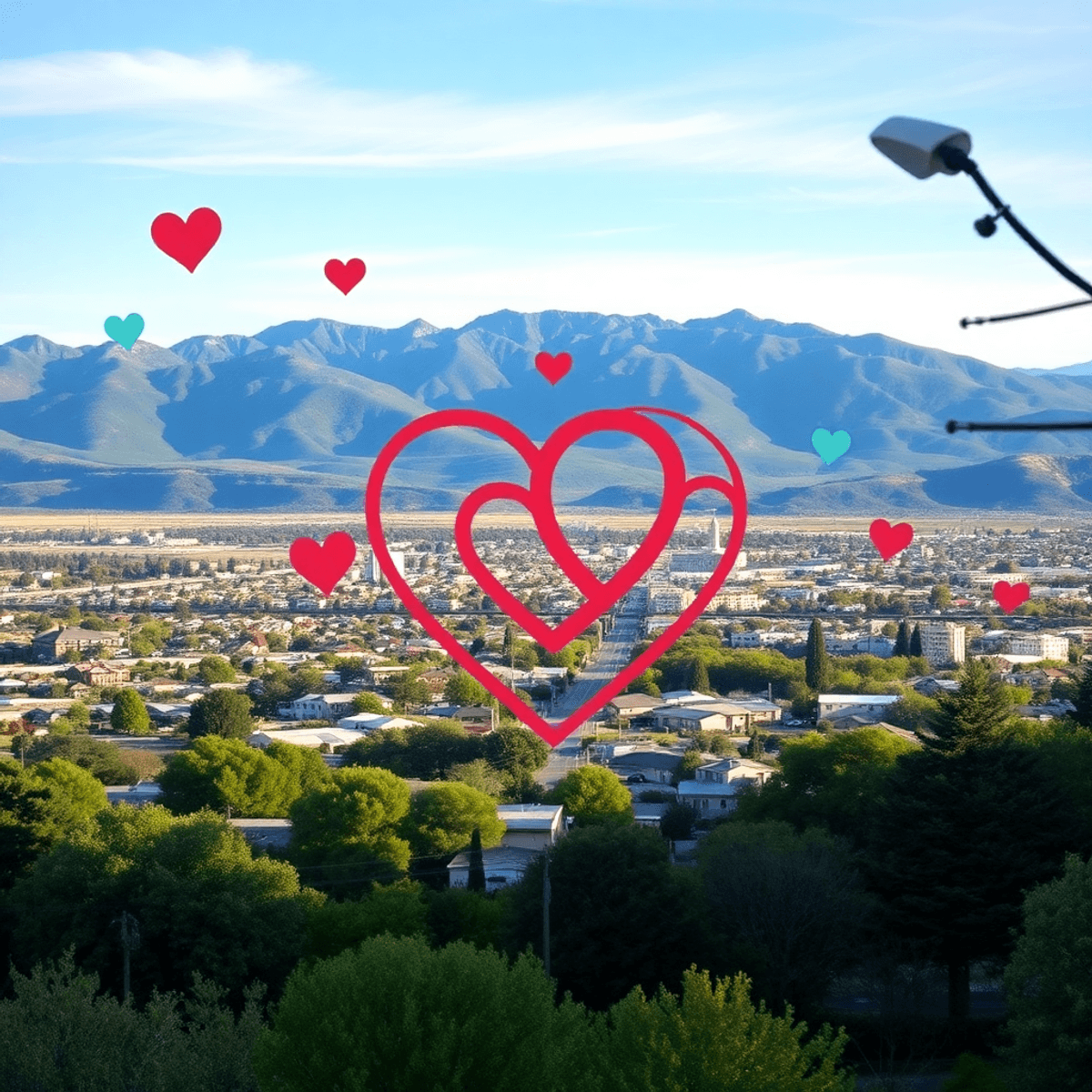 A scenic view of Junction City, California, featuring lush greenery and mountains, with subtle heart shapes integrated into the landscape, evoking ...