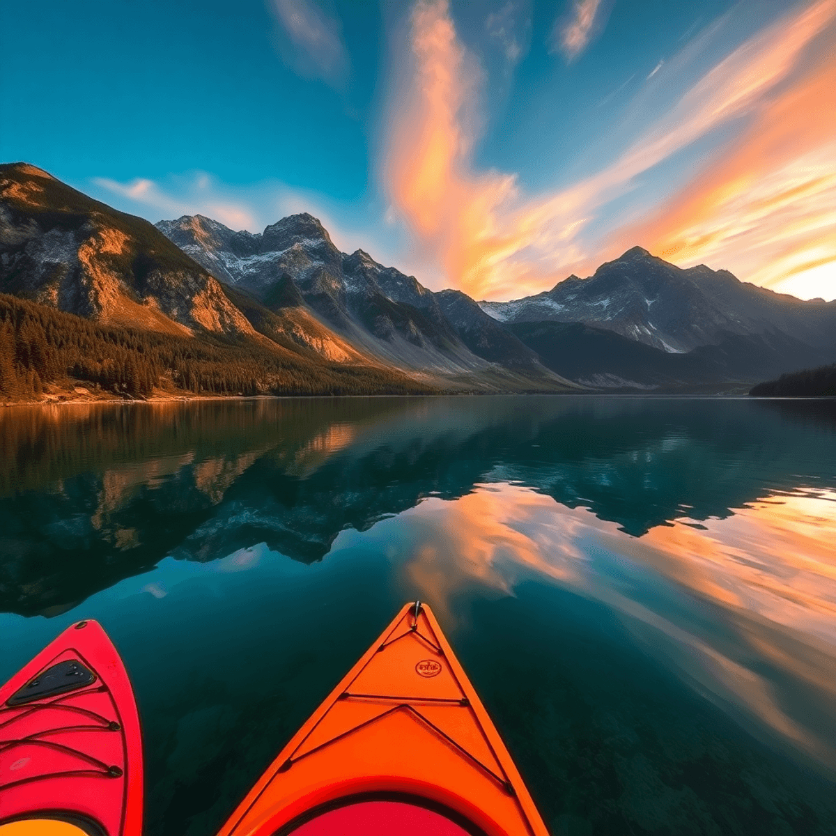 A serene view of Crowley Lake with crystal-clear waters reflecting the Sierra Nevada mountains, vibrant sunset, paddleboards, kayaks, and hiking tr...