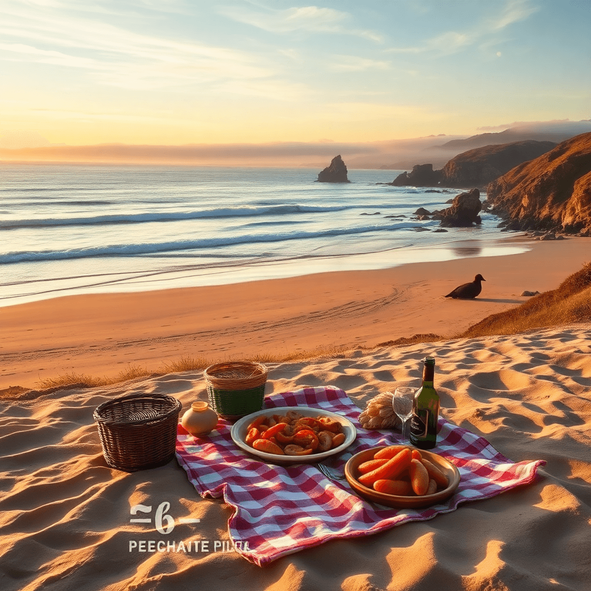 A serene sunset view of Bodega Bay with golden sand, gentle waves, a cozy picnic setup with seafood, seashells on the shore, and a rugged coastline...