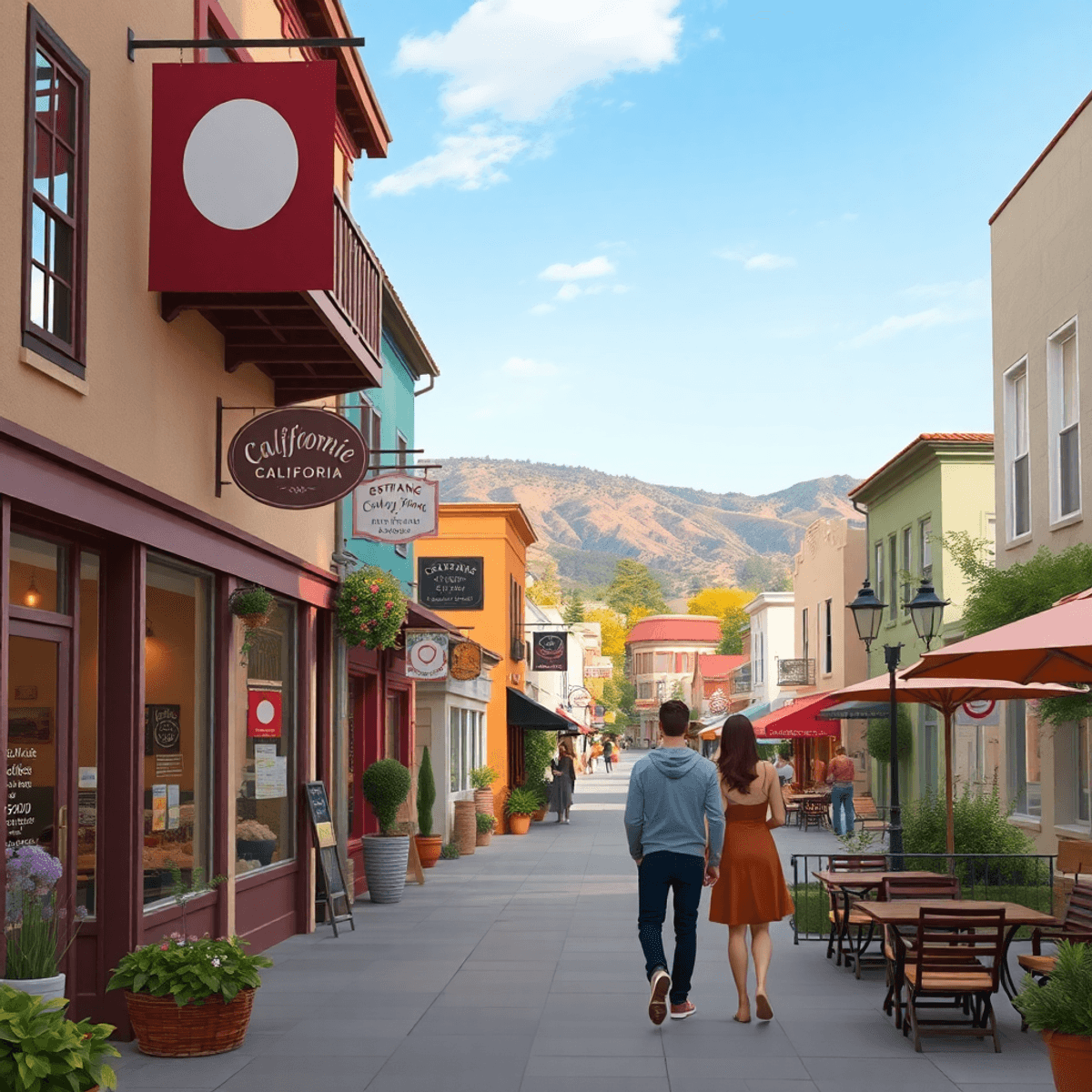 A picturesque small town in California with charming streets, local shops, and a couple enjoying coffee on a patio, creating a romantic and communi...