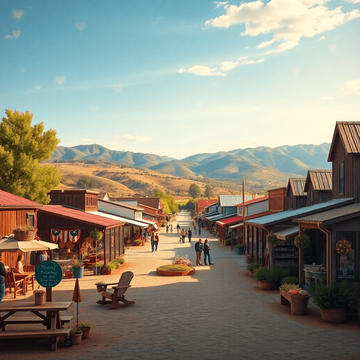 A charming small-town scene in Fairmead, California, featuring community gatherings, outdoor activities, and subtle heart shapes in the landscape, ...