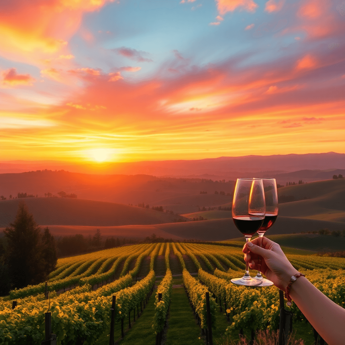 A scenic view of rolling hills and vineyards at sunset, featuring wine glasses clinking together and a heart shape formed by nature, evoking romanc...