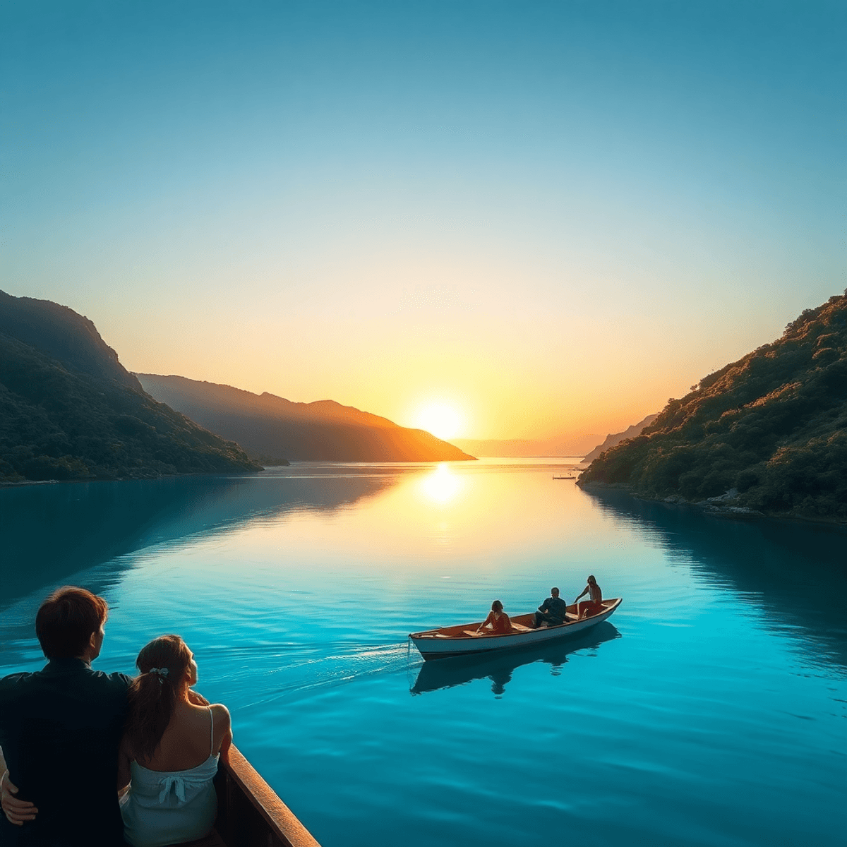 A scenic sunset view over Lake Don Pedro, featuring clear waters, green hills, a couple in a boat, and hikers on trails, all bathed in warm golden ...