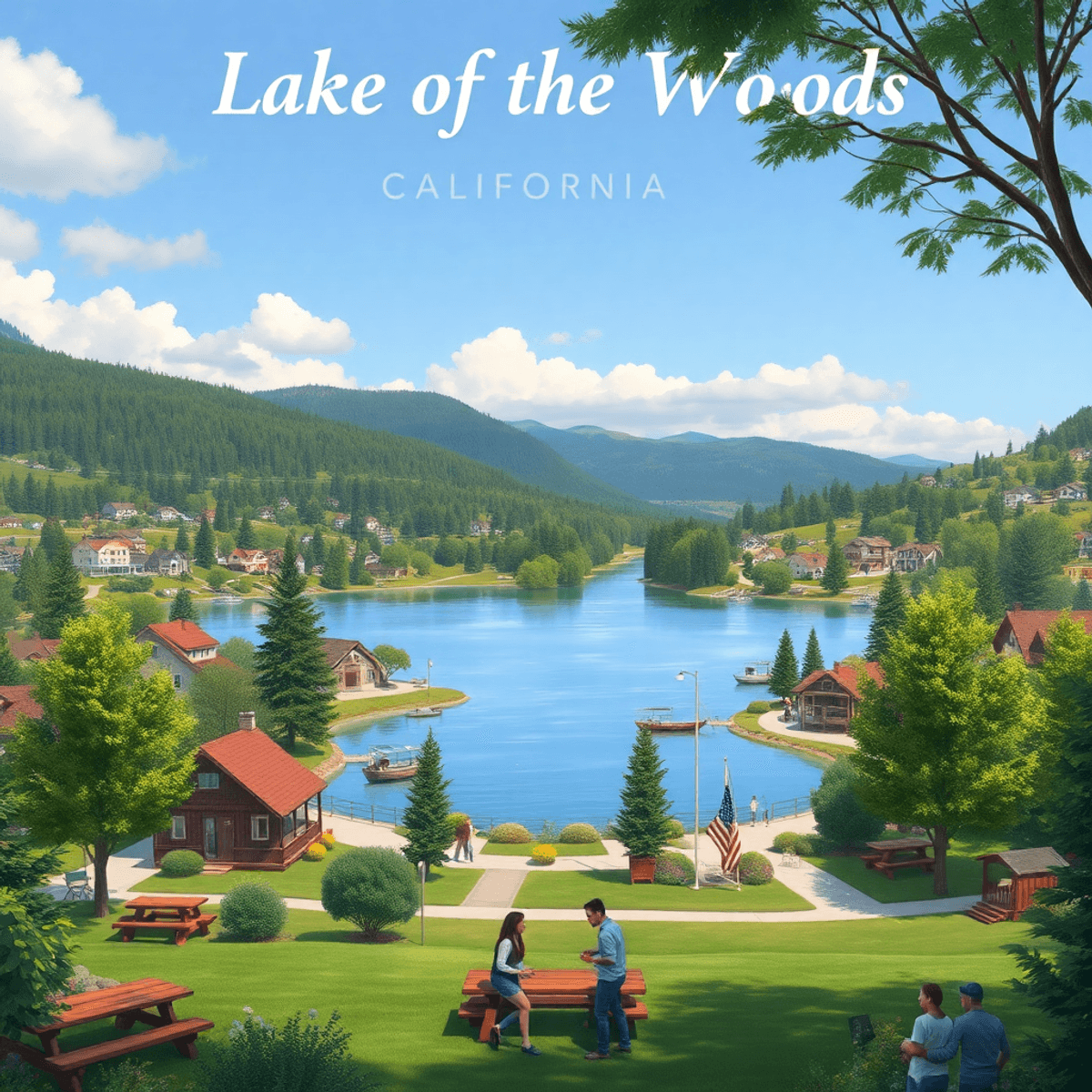 A serene view of Lake of the Woods with a tranquil lake in the foreground, surrounded by lush greenery, picnic areas, and couples enjoying outdoor ...