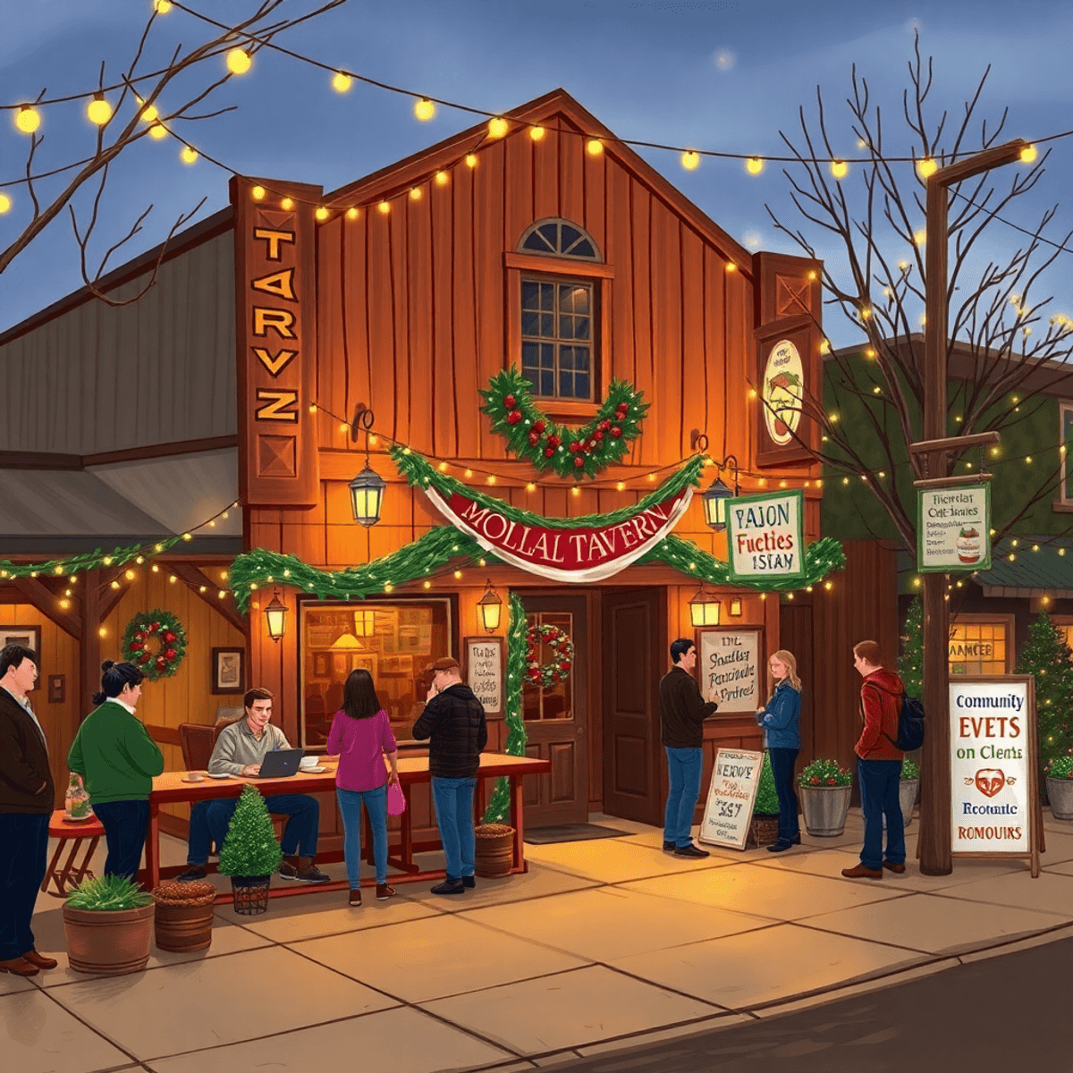 A cozy small-town scene in Fulton, California, showcasing a charming tavern with people mingling outside, adorned with twinkling lights and festive...