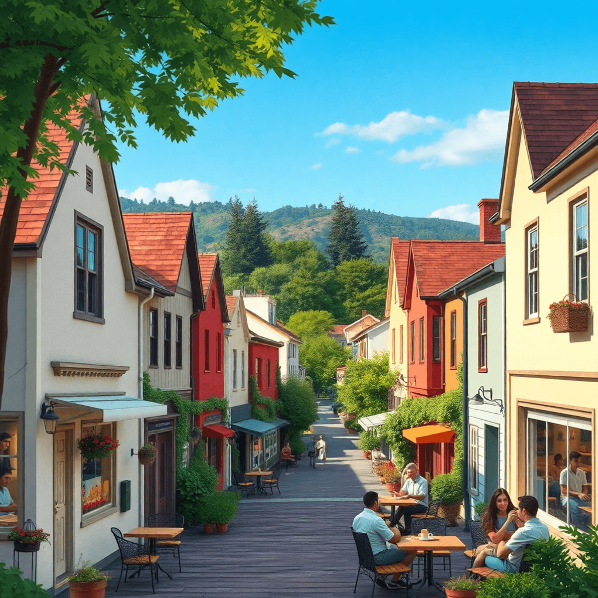 A charming small town in Northern California with quaint buildings, lush greenery, a cozy café with outdoor seating, and people enjoying friendly c...