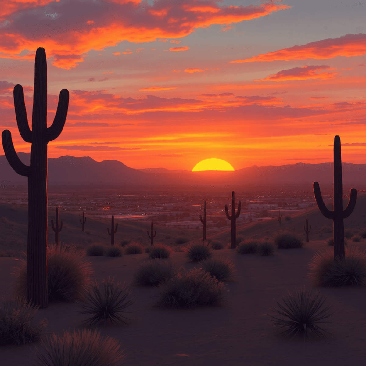 A cozy desert landscape at sunset in Ripley, California, featuring heart shapes and intertwined hands subtly blended into the scenery, symbolizing ...