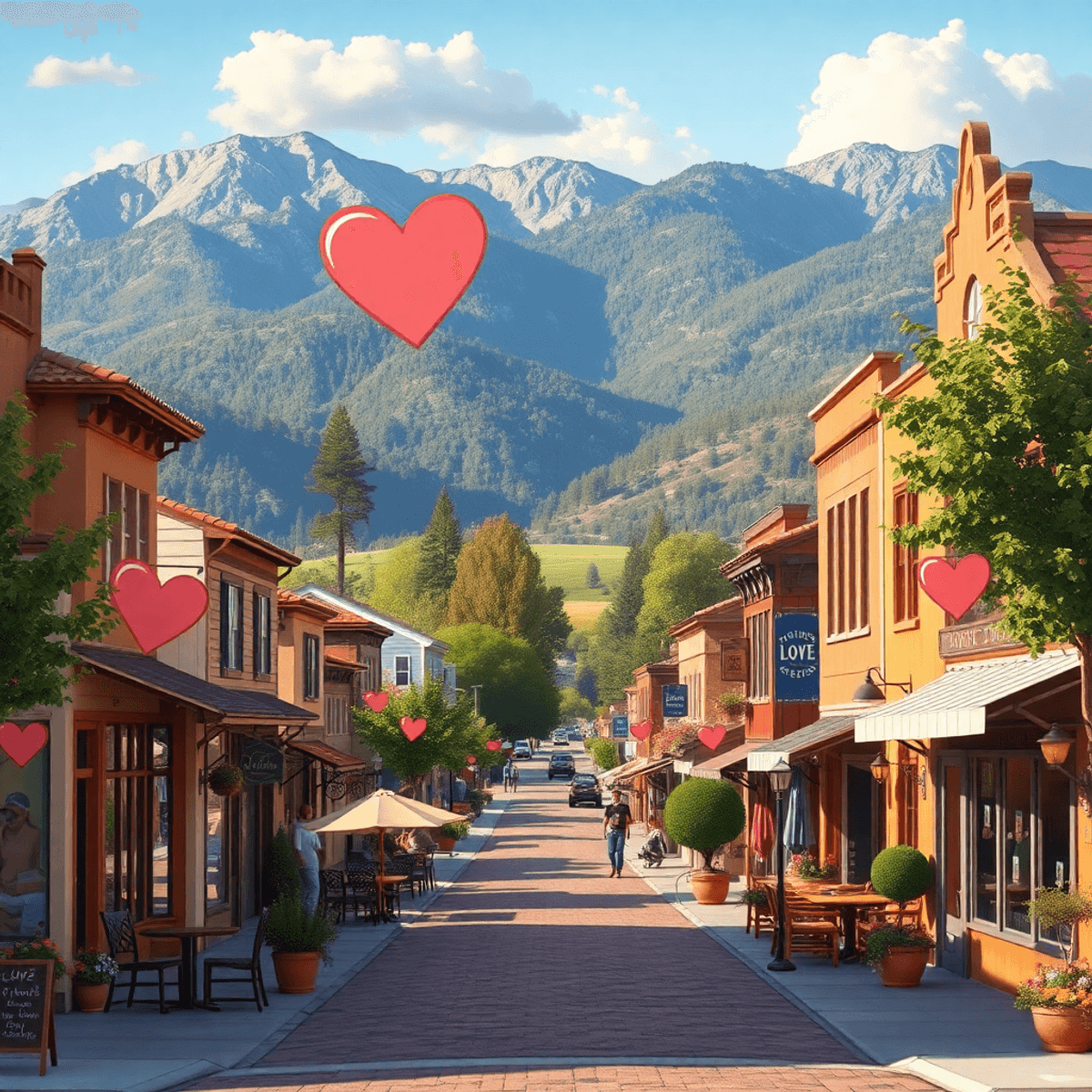 A charming small-town main street in Chalfant, California, lined with local shops and cafes, framed by mountains and greenery, infused with heart s...